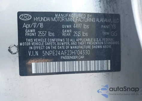 2018 Hyundai Sonata Se z USA, uszkodzony, nr VIN 5NPE24AF2JH704330